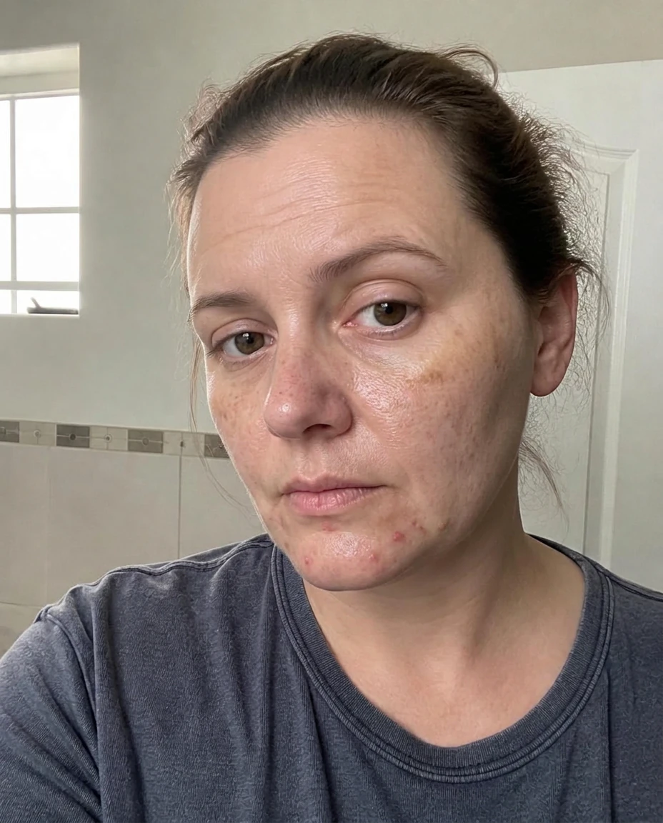 Before using Evrglo skincare: blemished, uneven skin