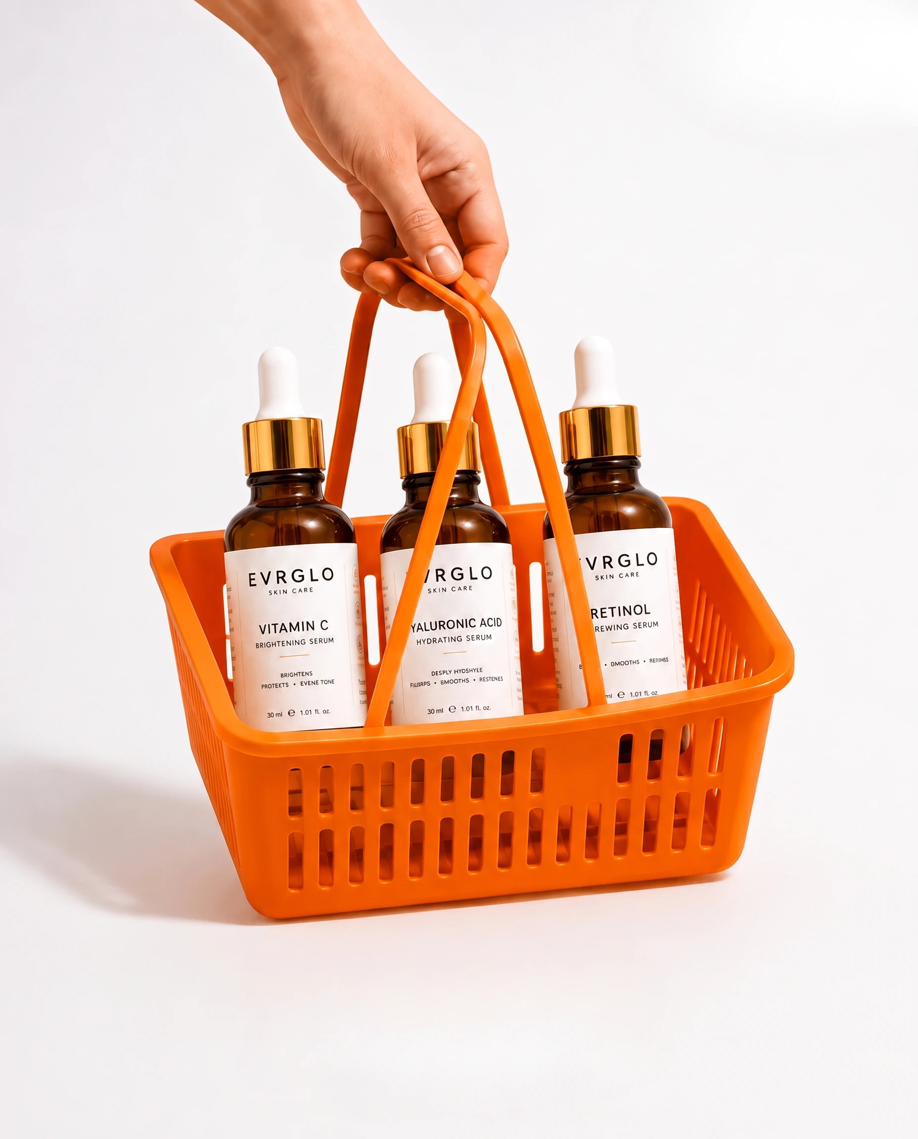 Evrglo serums in an orange shopping basket